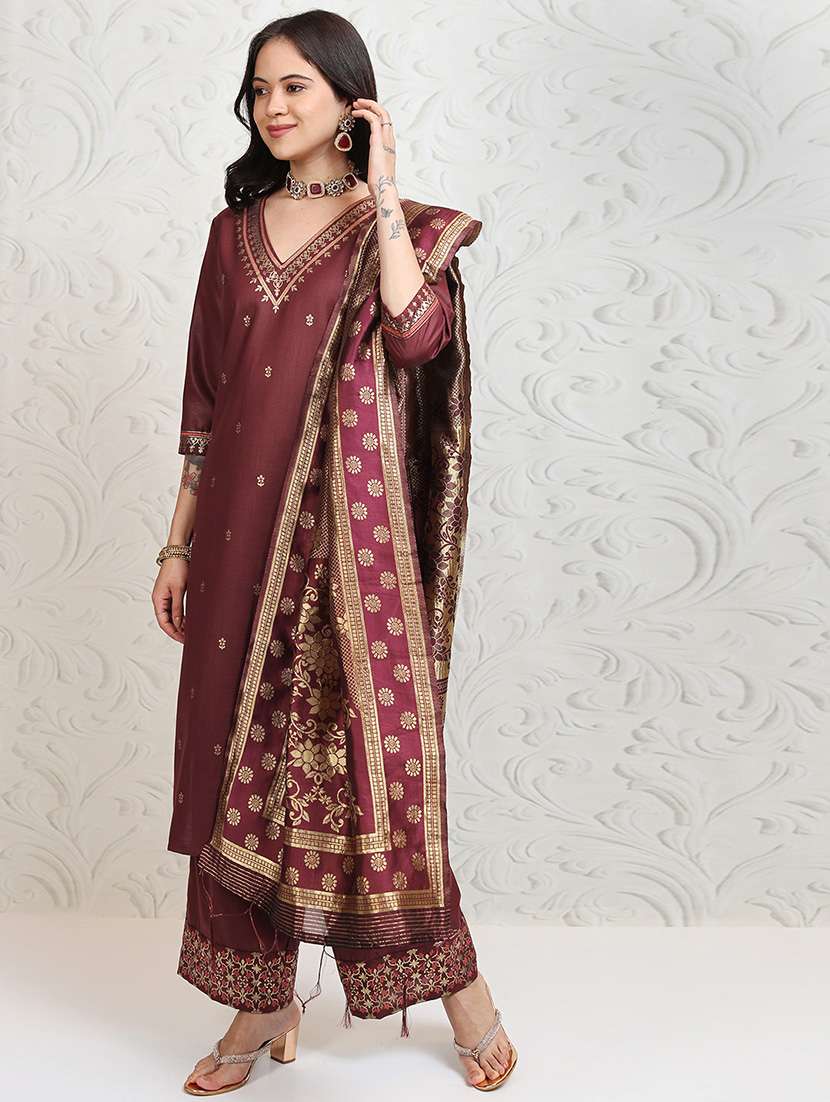 women burgundy kurta palazzo set set - 22462183 -  Standard Image - 2