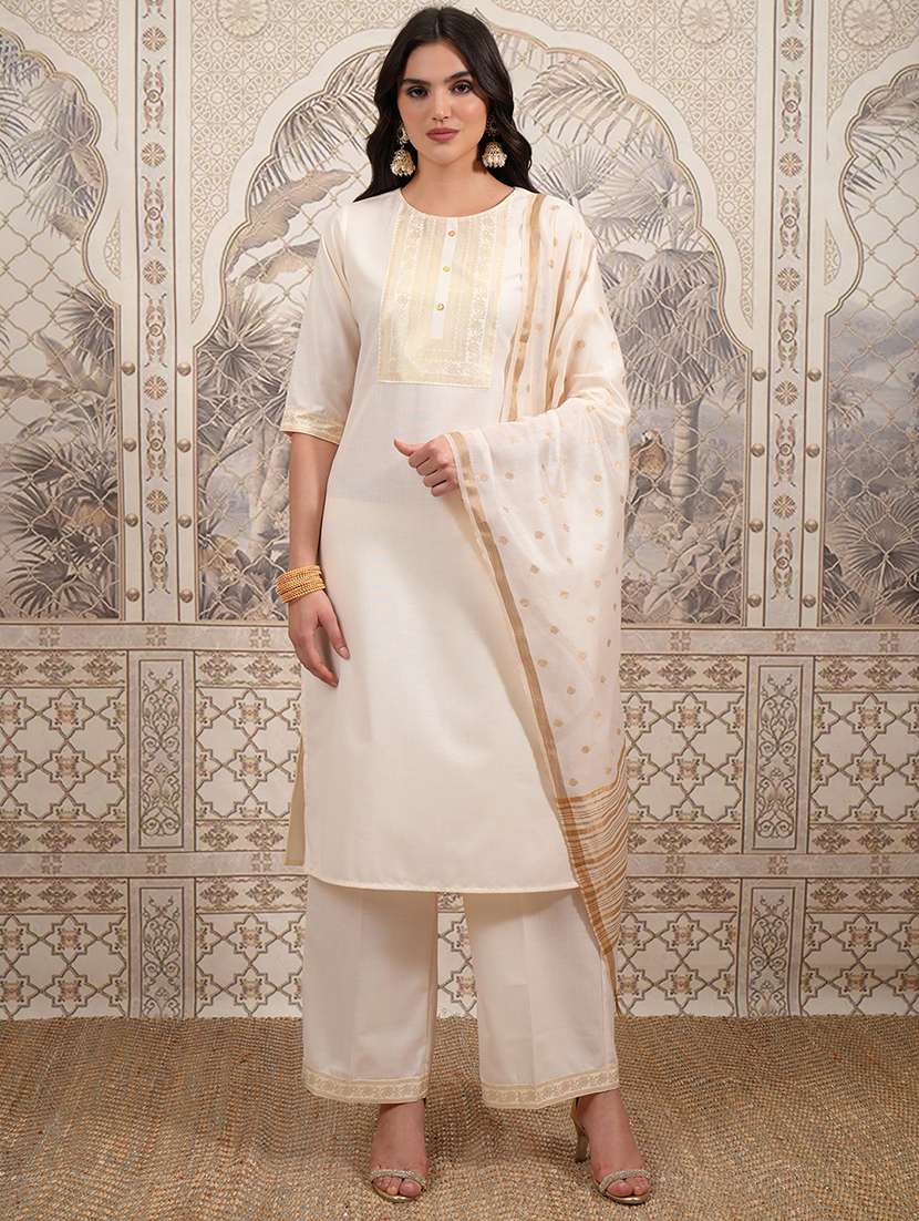 women printed cream kurta palazzo set set