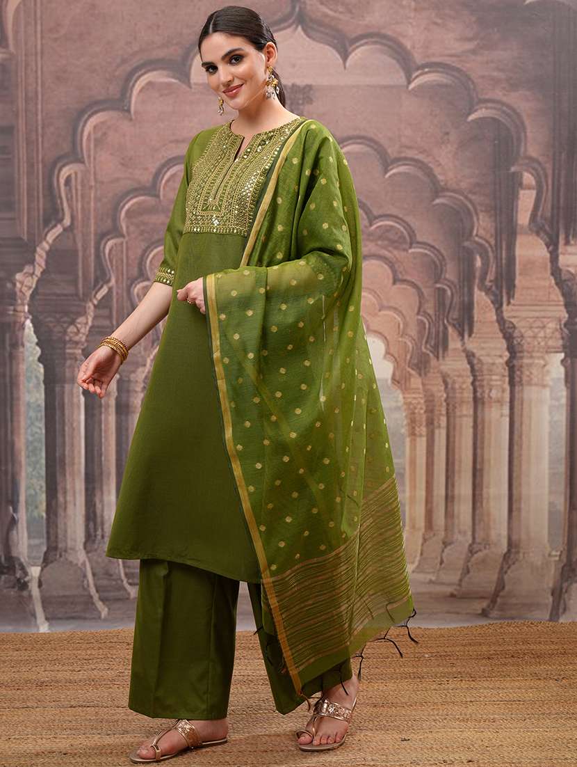 women self design olive kurta palazzo set set - 22462195 -  Standard Image - 2