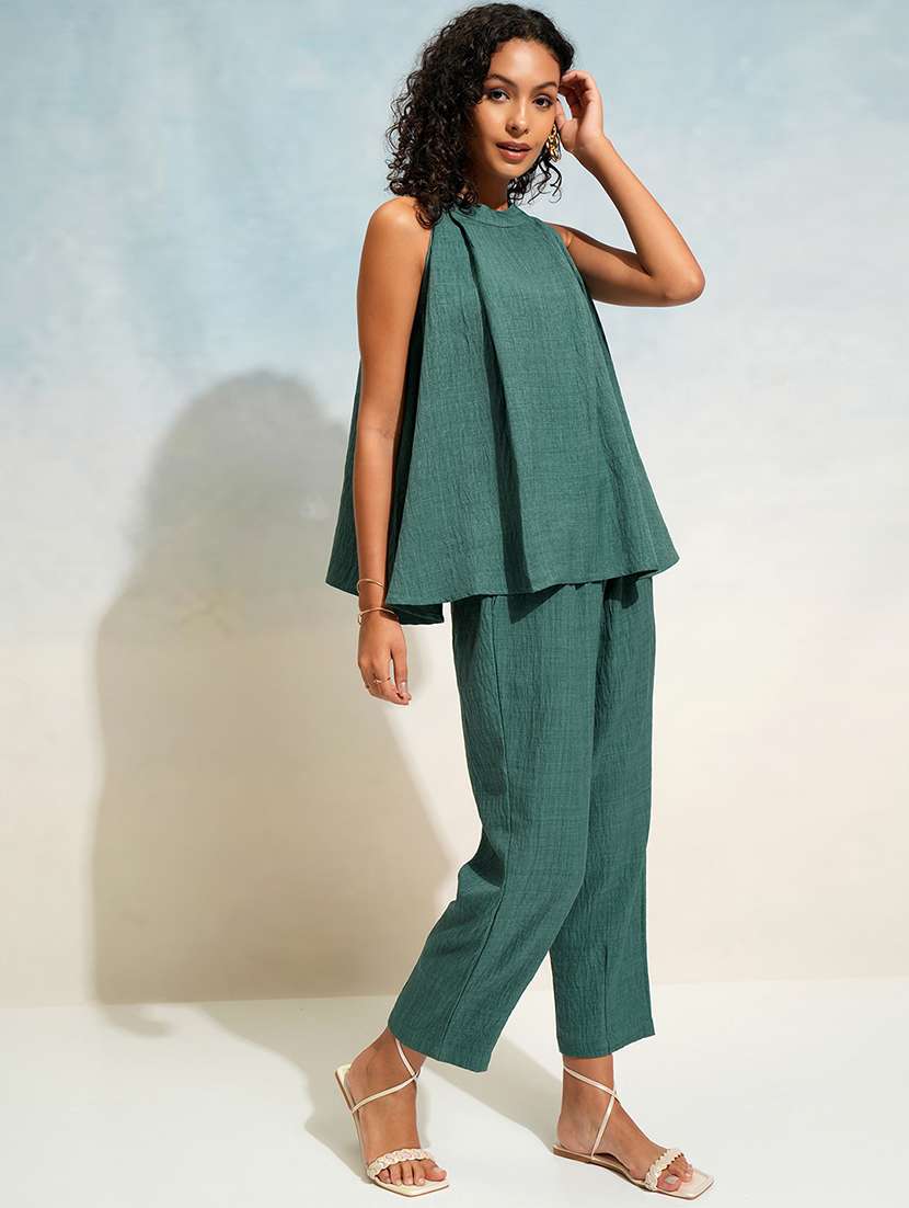 women solid top and trouser co-ord set - 22462216 -  Standard Image - 2