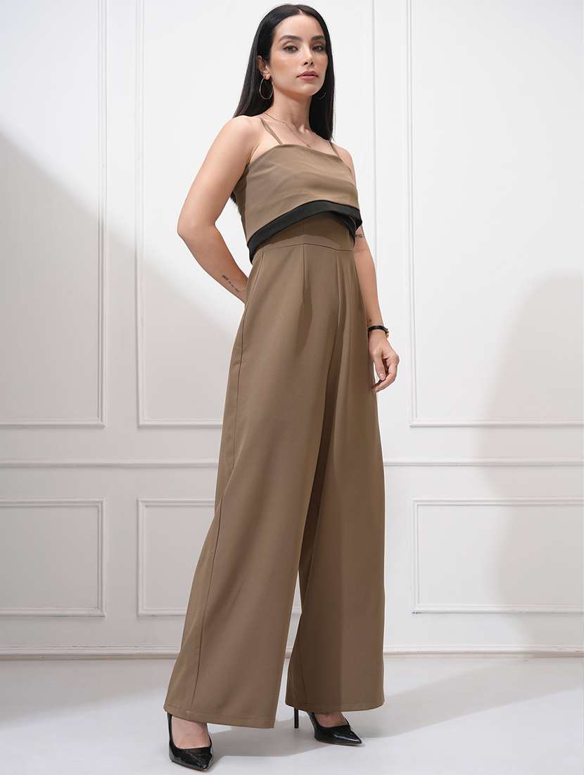 women brown solid shoulder strap jumpsuit - 22462223 -  Standard Image - 2