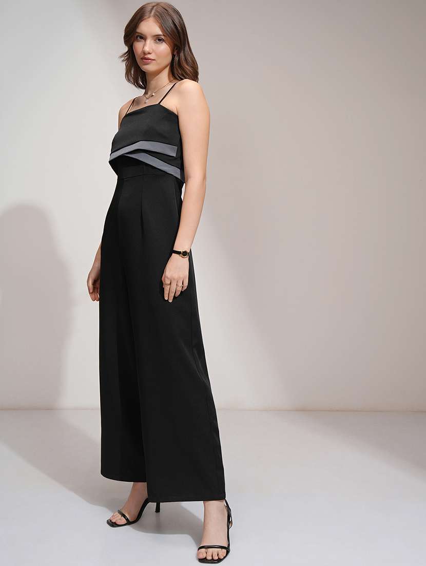 women black solid shoulder strap jumpsuit - 22462224 -  Standard Image - 2