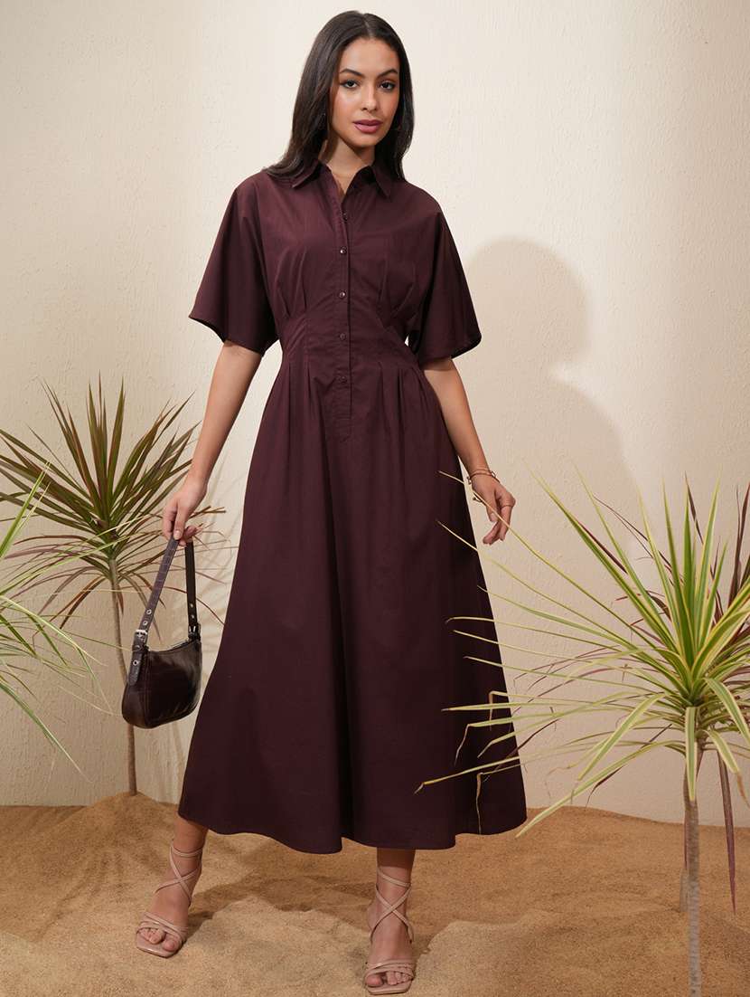 women brown cotton a-line dress