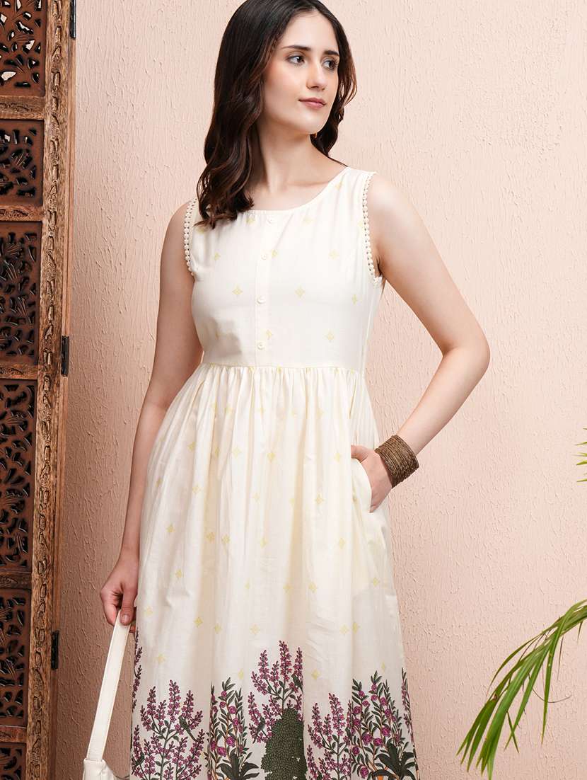 women cream cotton printed a-line midi dress - 22462263 -  Standard Image - 2