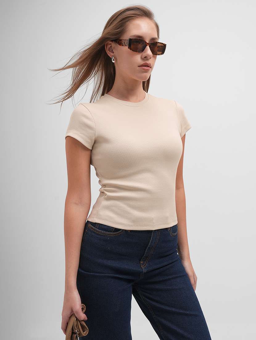 women solid  beige round top shorts sleeves - 22462300 -  Standard Image - 2