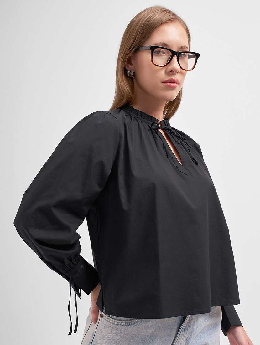 women solid  black cotton regular top - 22462302 -  Standard Image - 2