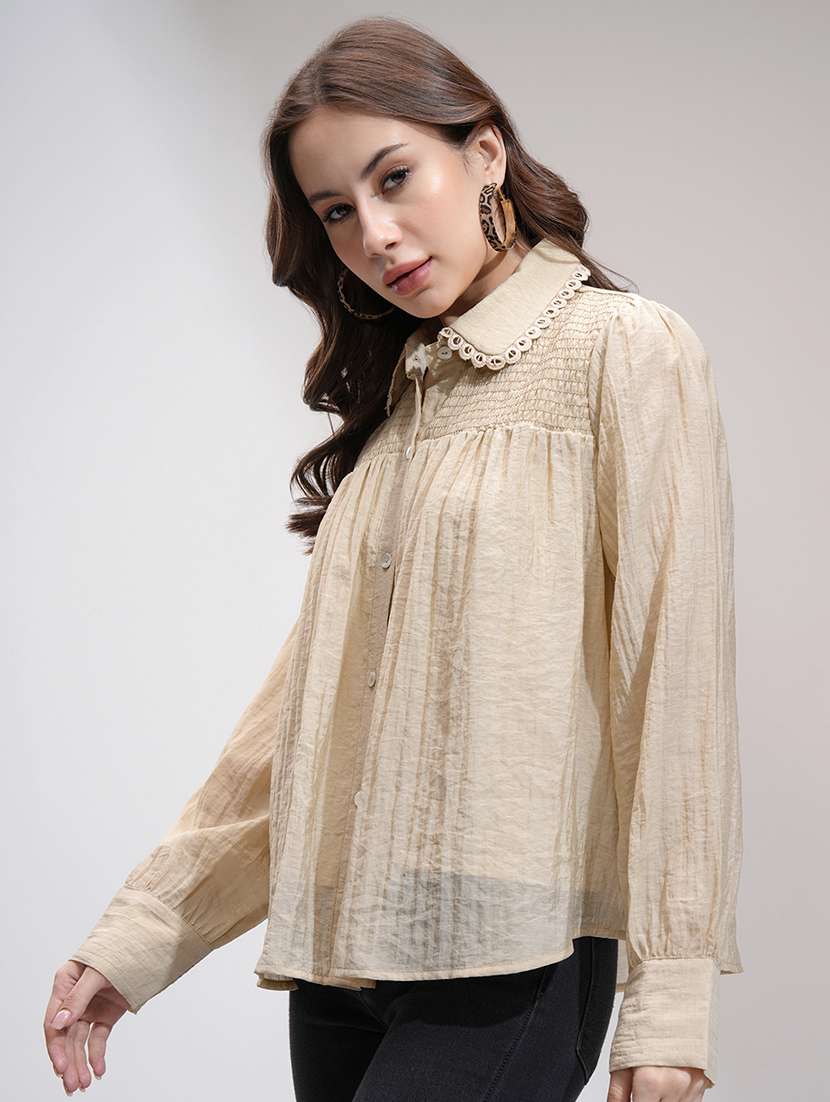 women solid  khaki rayon regular top - 22462313 -  Standard Image - 2