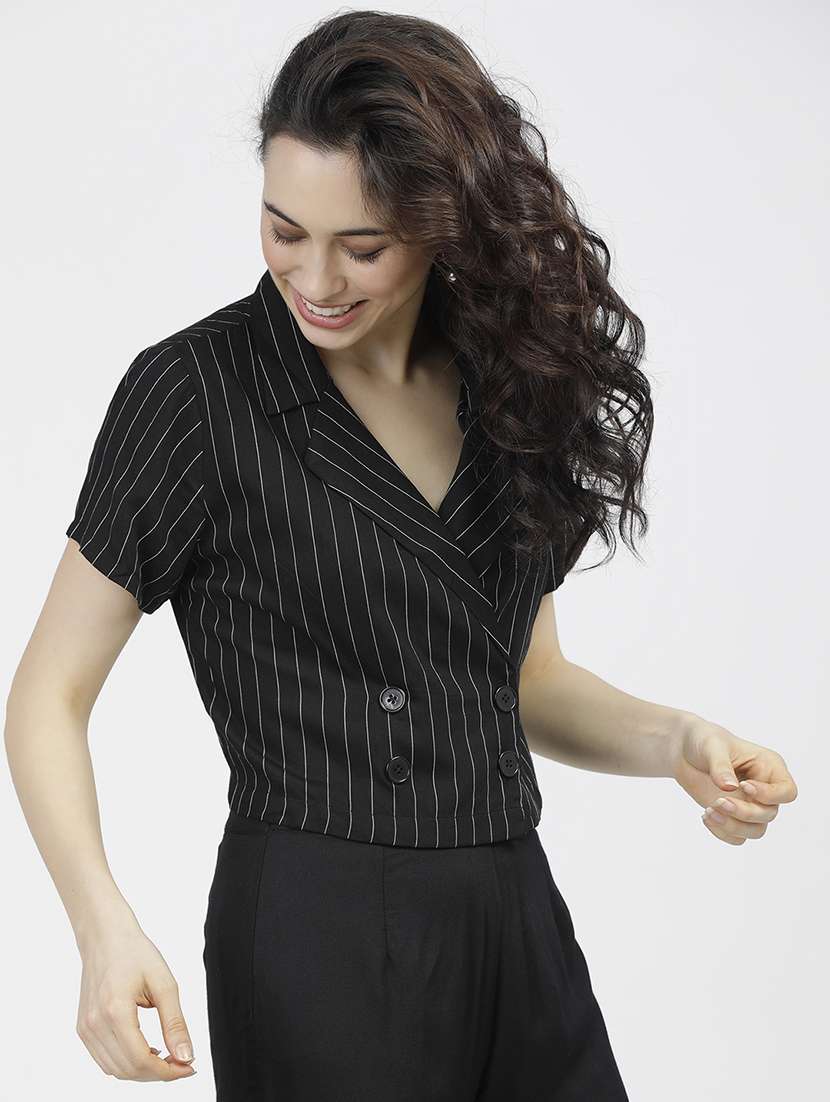 women stripes black rayon regular top - 22462314 -  Standard Image - 2
