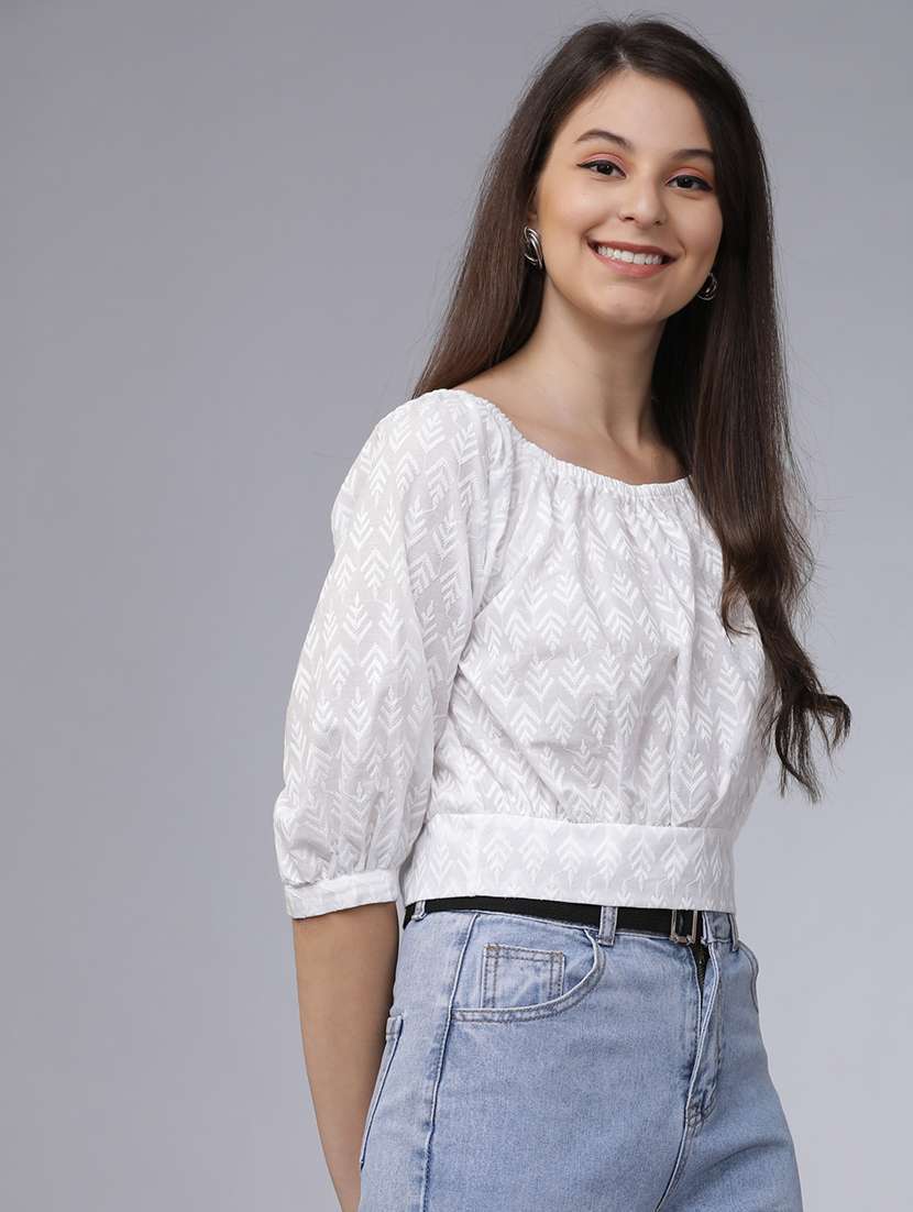 women solid  off white cotton blend regular top - 22462322 -  Standard Image - 2
