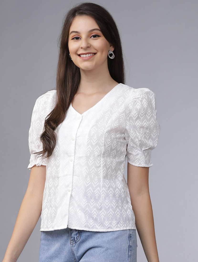 women solid  off white cotton blend regular top - 22462323 -  Standard Image - 2