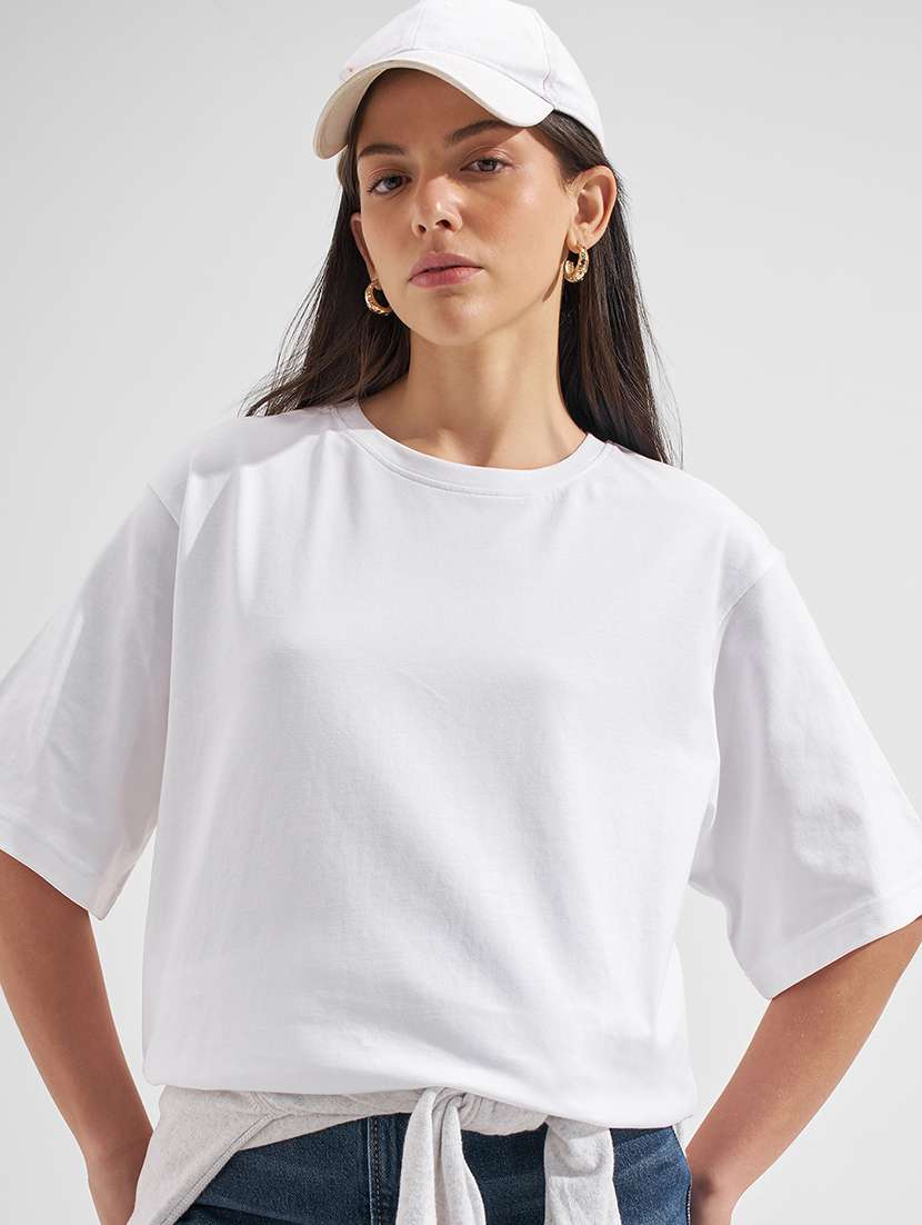 women solid  white cotton regular top