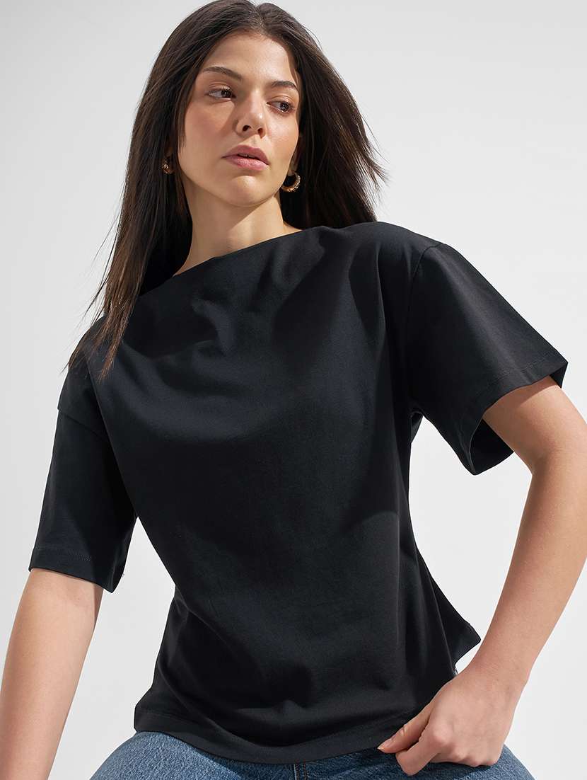 women solid black cotton regular top - 22462332 -  Standard Image - 2