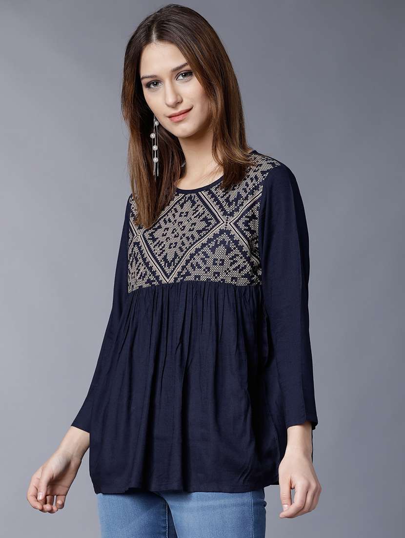 women solid  navy blue rayon regular top - 22462337 -  Standard Image - 2