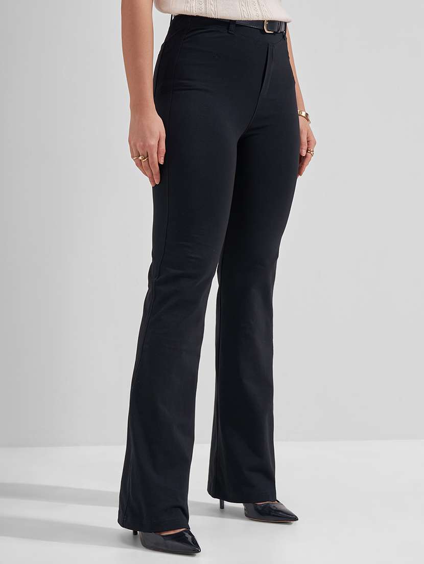 Women Black Cotton Bootcut Trouser - 22462375 -  Standard Image - 2