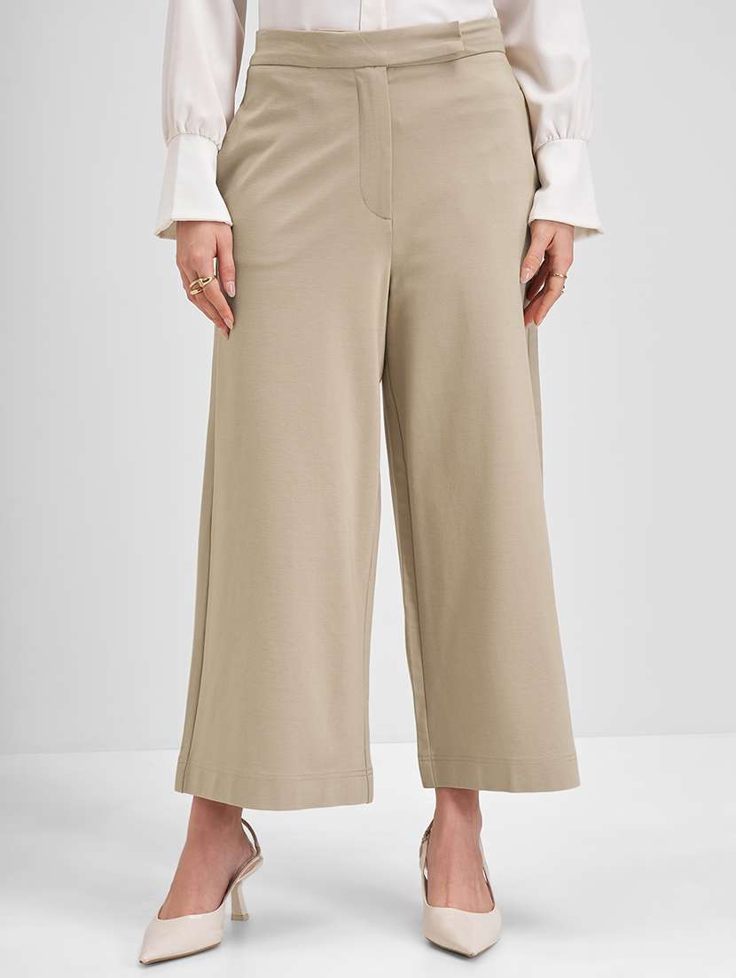 women beige cotton straight trouser
