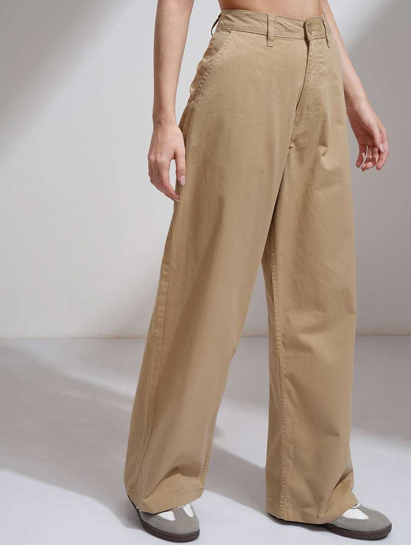 women brown cotton straight trouser - 22462384 -  Standard Image - 2