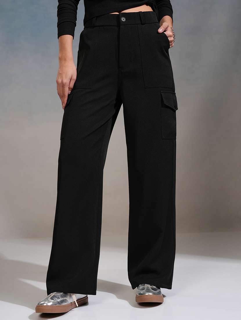 women black polyester straight trouser