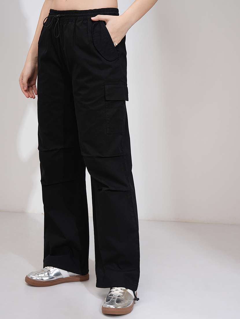 Women Black Cotton Straight Cargos - 22462400 -  Standard Image - 2