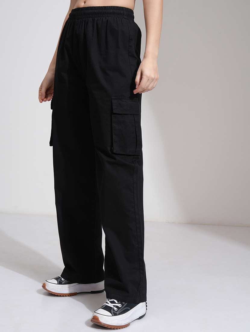 Women Black Cotton Straight Cargos - 22462401 -  Standard Image - 2