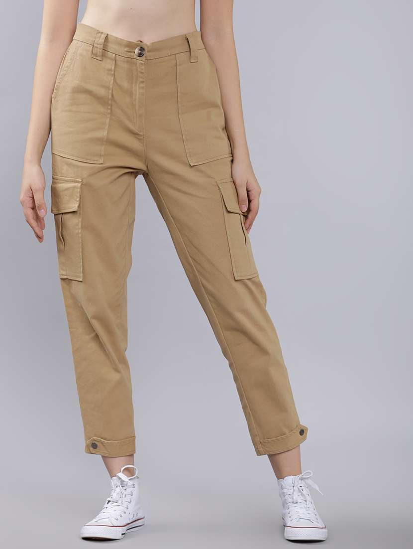 women beige cotton straight cargos