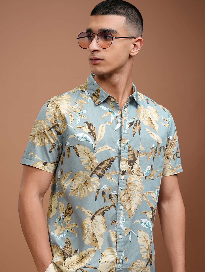 men tropical short sleeve regular fit casual shirt