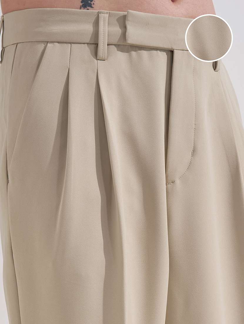 men beige polyester pleated casual trouser - 22462677 -  Standard Image - 2