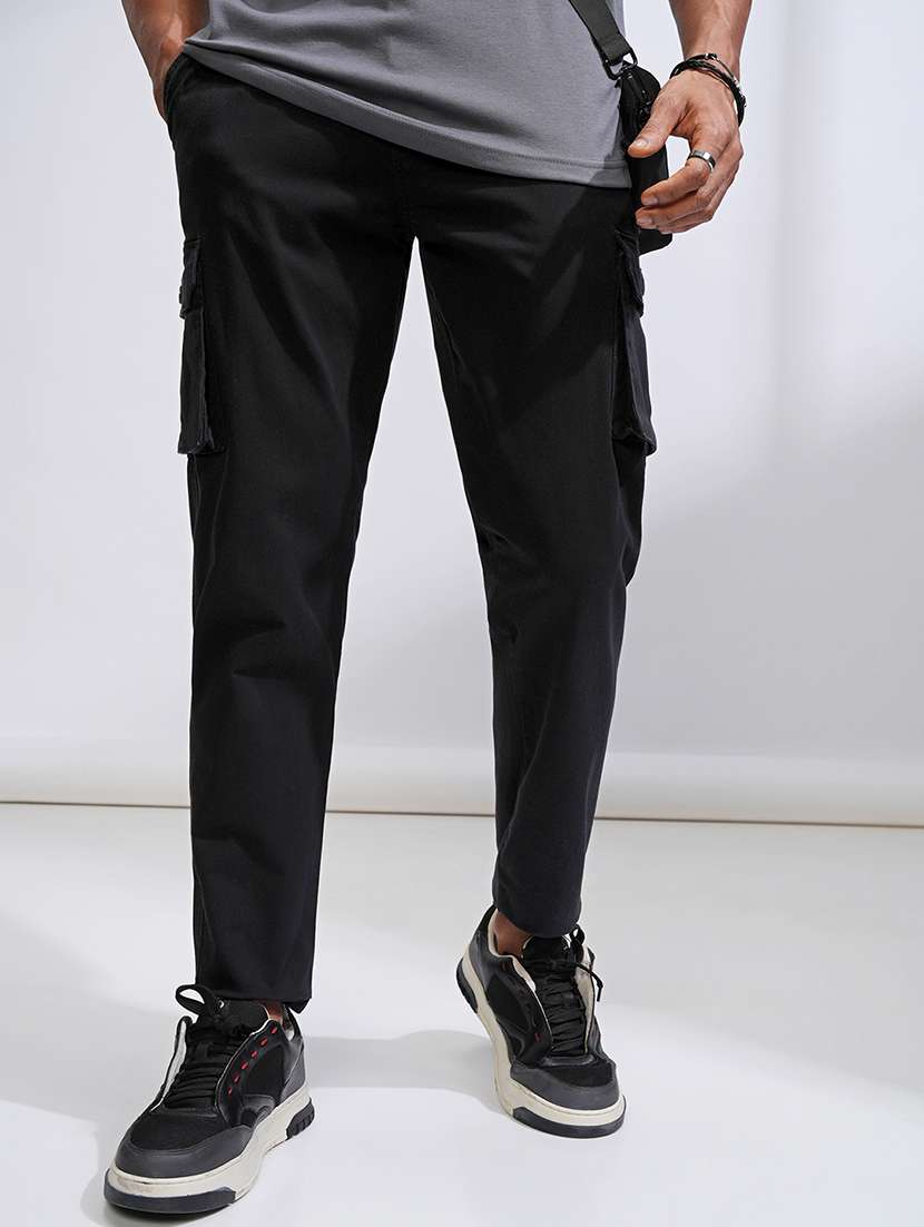 black cotton blend regular fit cargos trousers