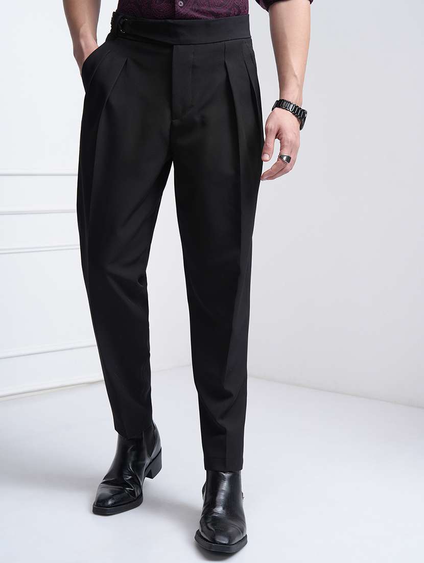 men black polyester pleated casual trouser