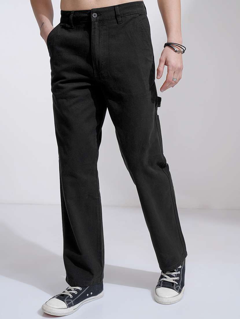 men trousers black cotton regular fit casual