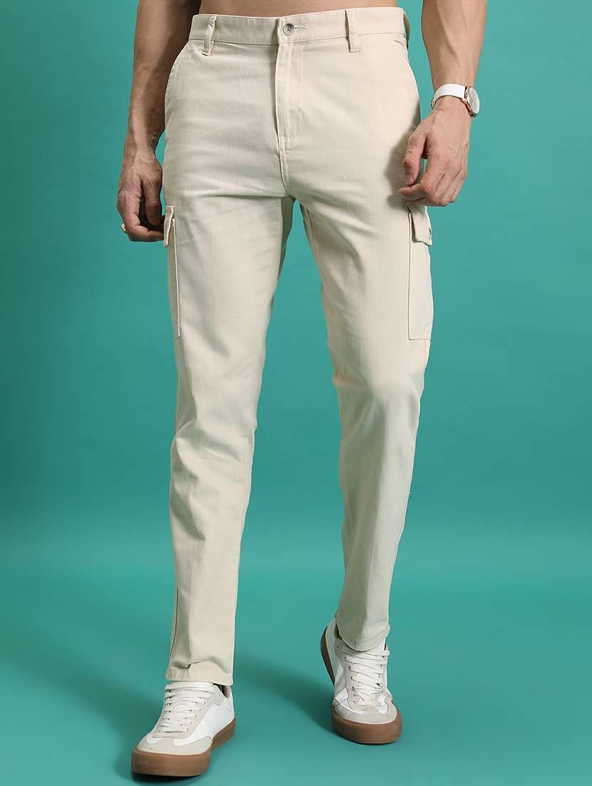 men casual trousers beige cotton solid cargos