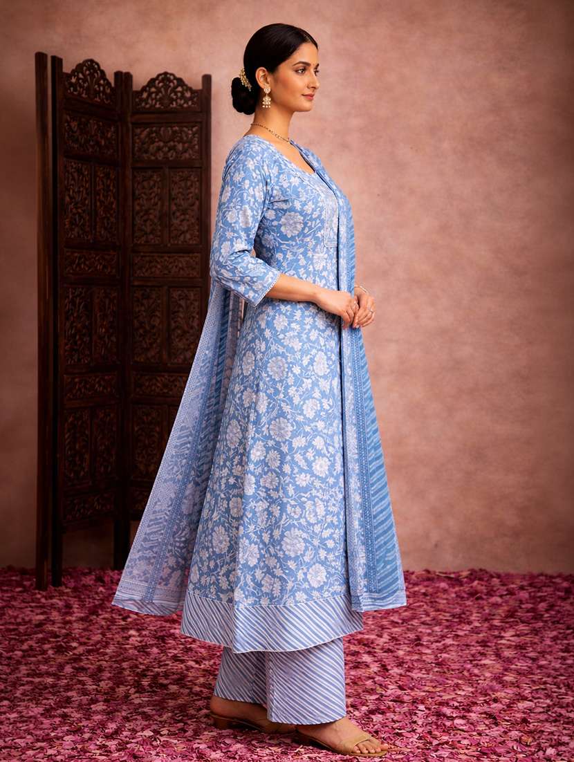 women blue cotton fit & flare ethnic dress - 22463123 -  Standard Image - 2