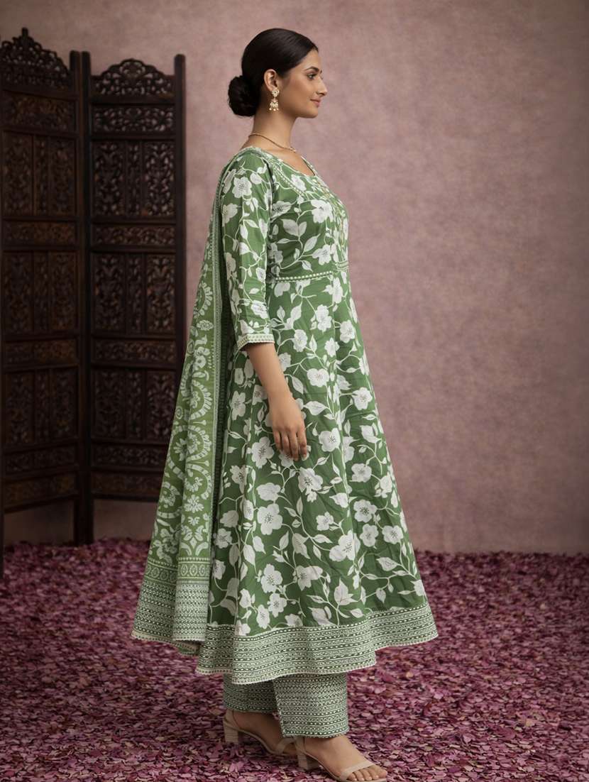 women olive cotton fit & flare ethnic dress - 22463127 -  Standard Image - 2