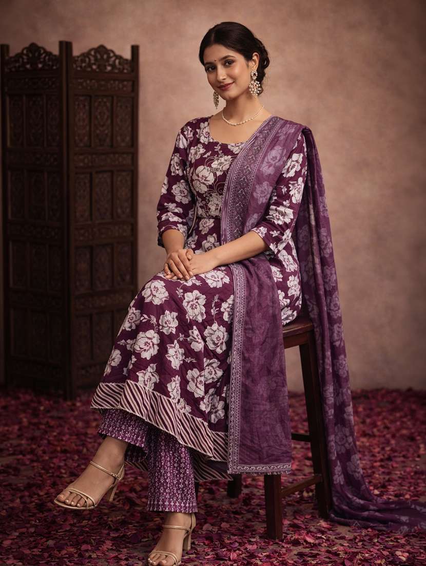 women purple cotton fit & flare ethnic dress - 22463129 -  Standard Image - 2