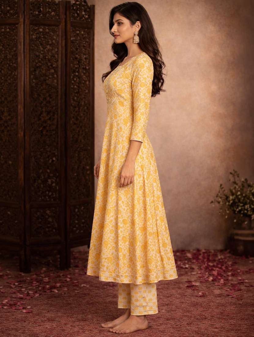 women yellow cotton fit & flare ethnic dress - 22463130 -  Standard Image - 2