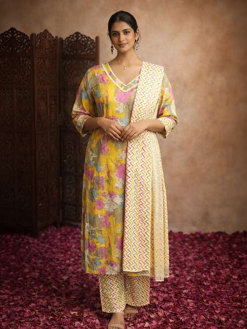 Women Mustard Cotton Fit & Flare Ethnic Dress