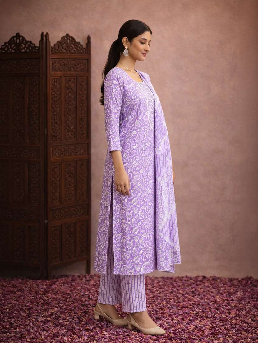 women lavender cotton straight ethnic dress - 22463139 -  Standard Image - 2
