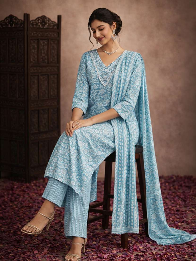 women blue cotton straight ethnic dress - 22463142 -  Standard Image - 2