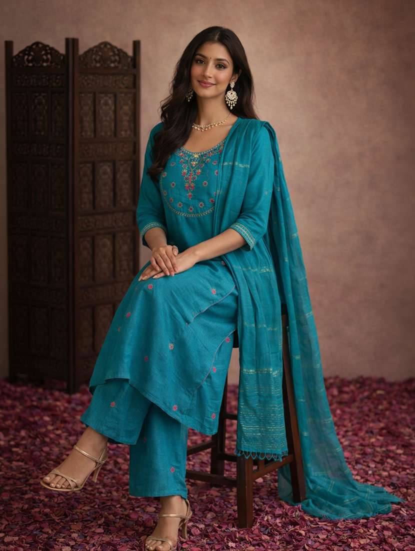 women teal cotton blend straight ethnic dress - 22463147 -  Standard Image - 2