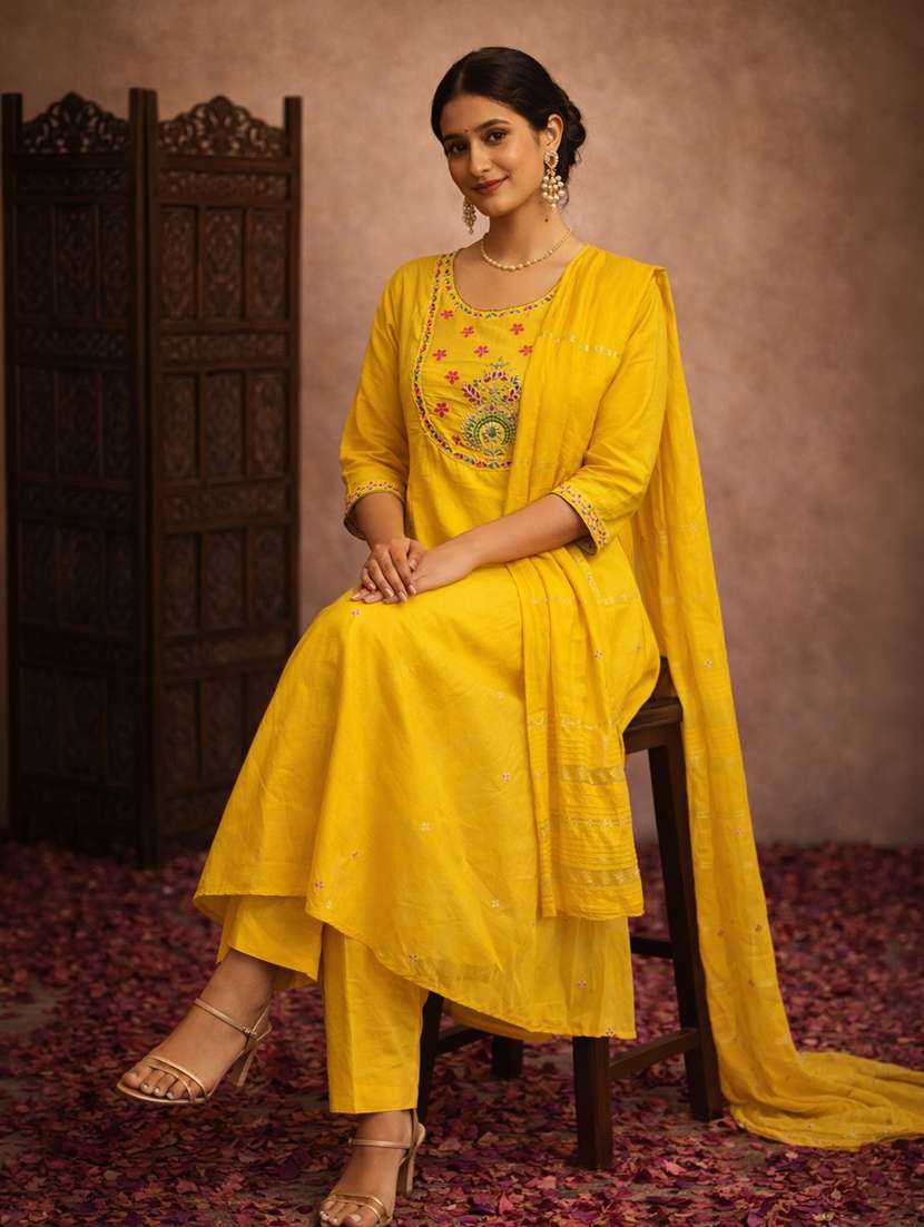 women yellow cotton blend straight ethnic dress - 22463148 -  Standard Image - 2