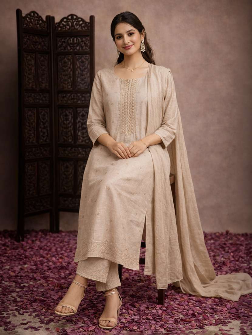 wome beige cotton blend straight ethnic dress - 22463151 -  Standard Image - 2
