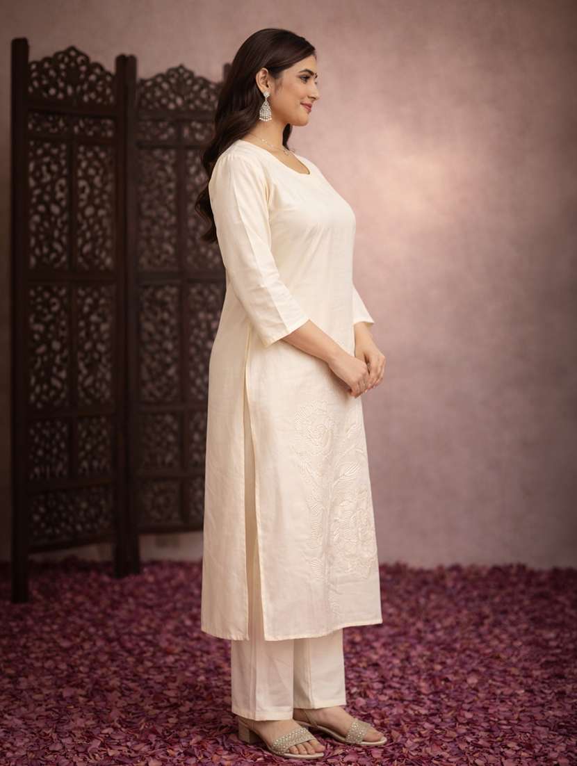 women solid with work three quarter sleeve kurta pant set - 22463153 -  Standard Image - 2