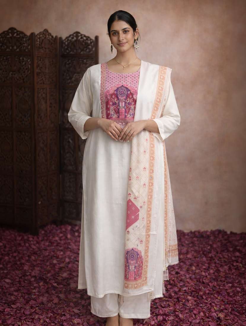 women printed three quarter sleeve kurta pant with dupatta set