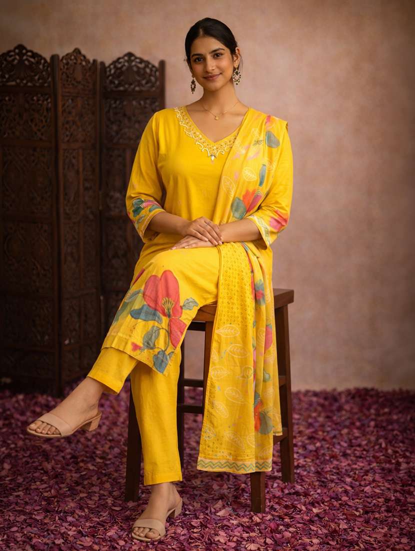 women yellow cotton straight ethnic dress - 22463193 -  Standard Image - 2
