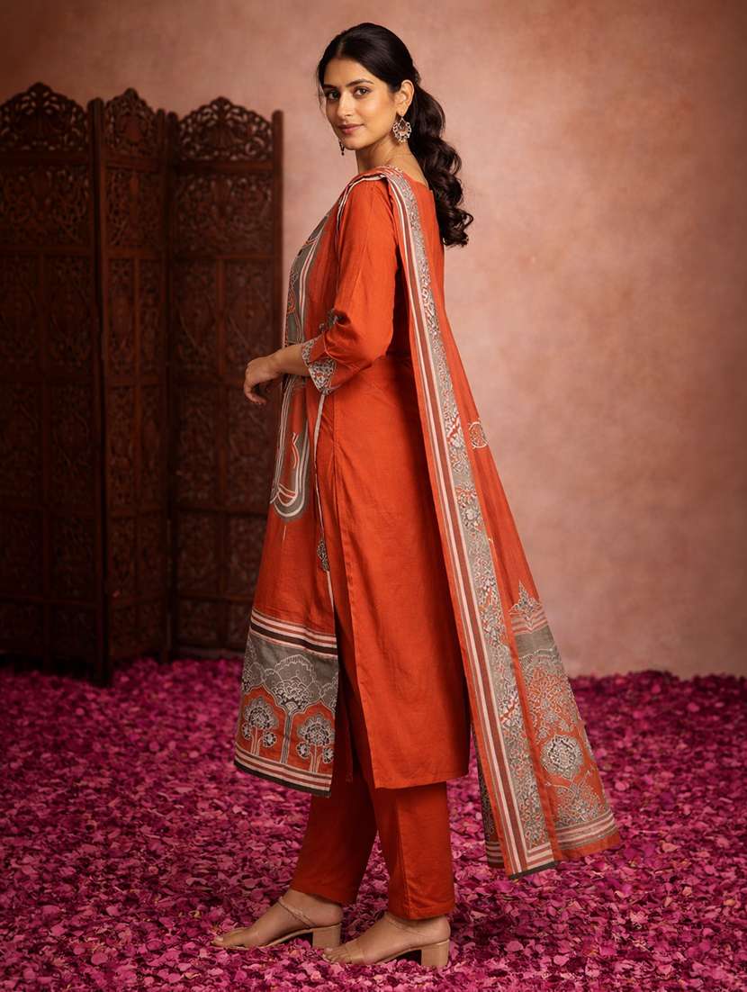 women floral rust cotton straight ethnic dress - 22463195 -  Standard Image - 2
