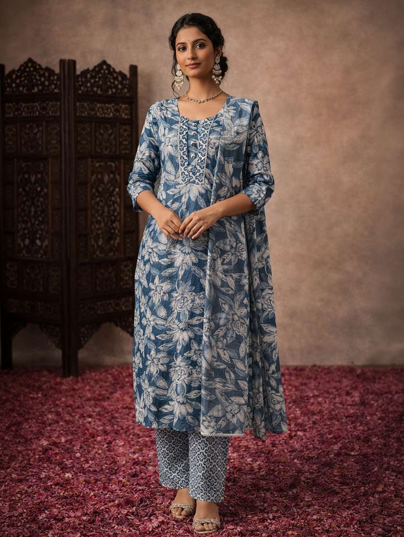 women printed three quarter sleeve kurta pant with dupatta set