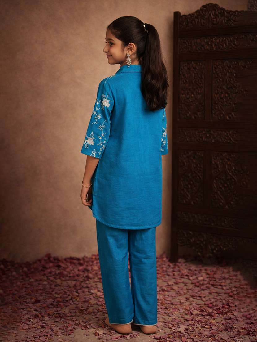 girls teal cotton blend top & trouser co-ord set - 22463228 -  Standard Image - 2