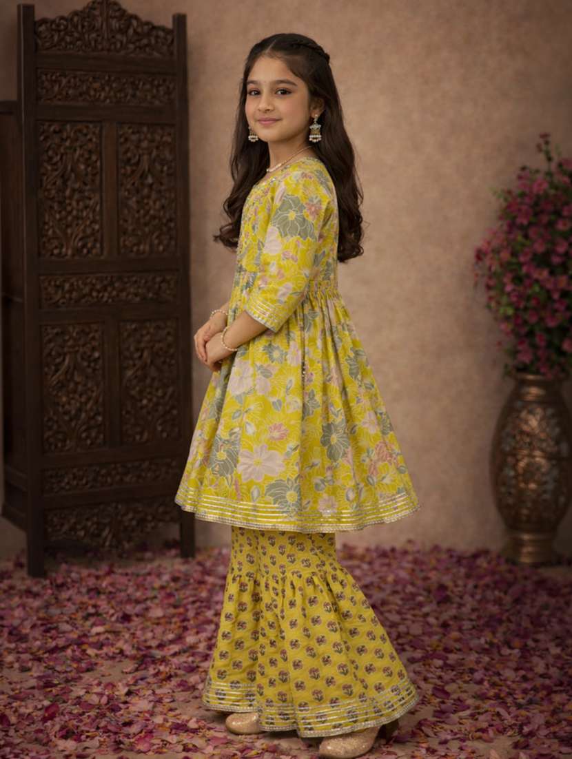 girls floral yellow cotton kurta sharara set suit set - 22463270 -  Standard Image - 2