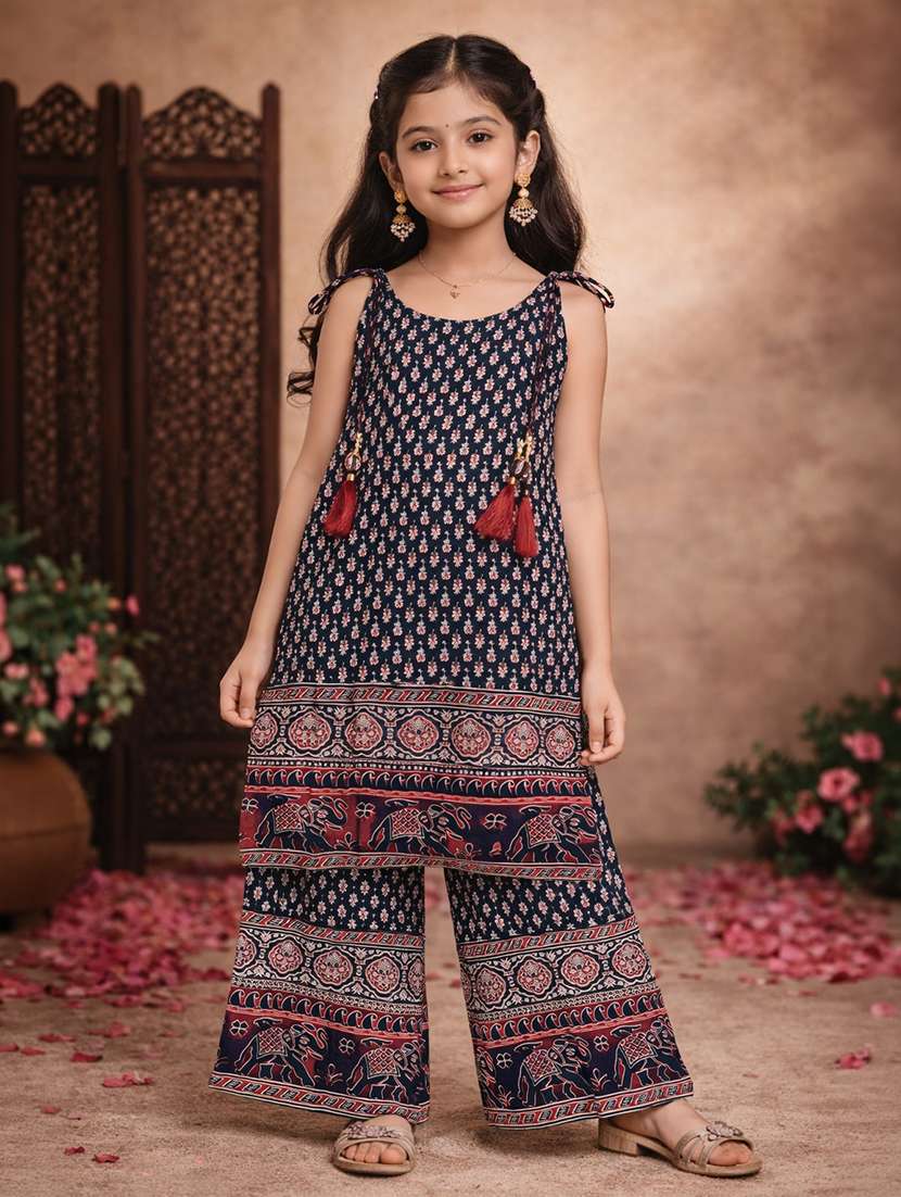 girls black cotton kurta palazzo set suit set