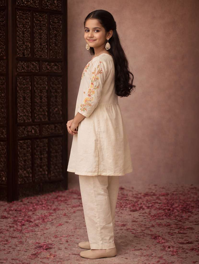 girl ethnic motif ebeige cotton blend kurta pant set suit set - 22463280 -  Standard Image - 2