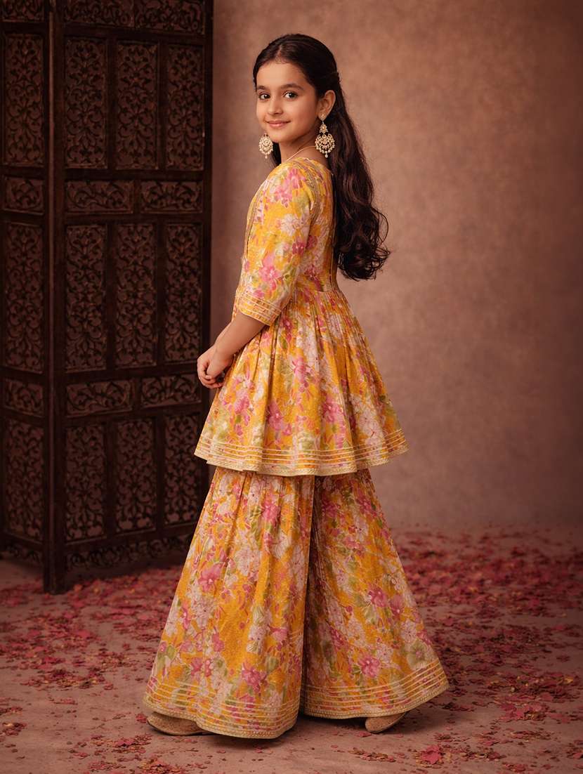 girls yellow cotton kurta sharara set suit set - 22463281 -  Standard Image - 2